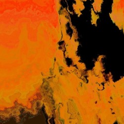 This artwork exudes a striking intensity with its vivid use of fiery orange and deep black tones creating a highly dramatic and somewhat unsettling visual impact. The contrast between the bright almost molten orange background and the solid jagged black f