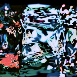 This artwork presents a distorted and abstract interpretation of what appears to be three jars. The visual elements are heavily manipulated emphasizing a fluid almost liquid like texture that bends and warps the conventional shapes of the jars. The colors