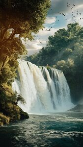 A waterfall surrounded by trees on both sides with birds above 