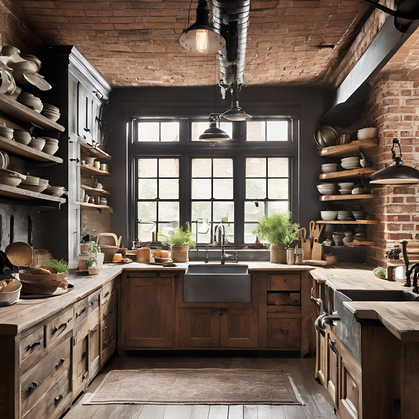 0 Rustic kitchen with exposed brick wall reclaime Print
