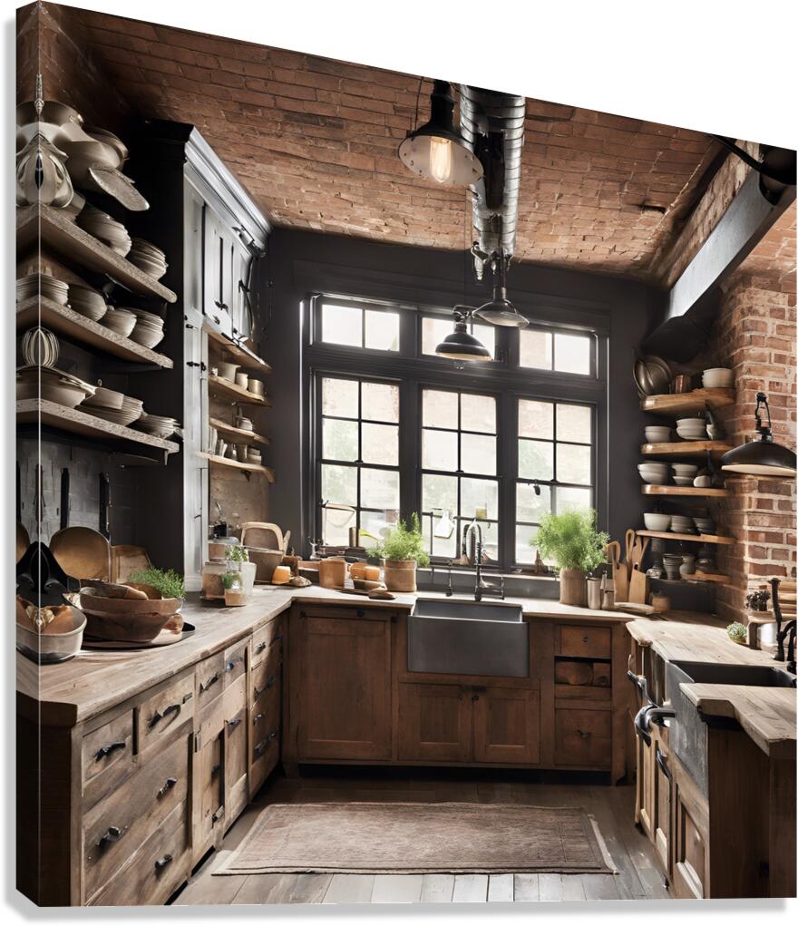 0 Rustic kitchen with exposed brick wall reclaime Canvas Print