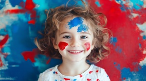 Happy child with colorful face paint smiling in front of vibrant red and blue background during playful activity