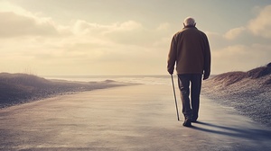 Elderly man walks along a quiet beach path at sunset reflecting on memories and natures beauty