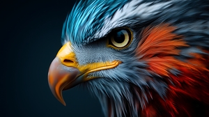 The striking falcon captures attention with its colorful plumage sharp gaze and intricate feather details showcasing natures artistry in a bold manner.