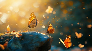 A serene setting highlighting the butterflies cinematography style soft light