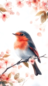 A colorful robin sits gracefully on a branch surrounded by delicate cherry blossoms in full bloom. The scene captures the beauty and tranquility of springtime nature with soft pastel colors.