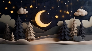 A captivating studio set showcases a whimsical night sky adorned with stars and clouds. Soft trees frame the scene illuminated by the moonlight creating a magical atmosphere.