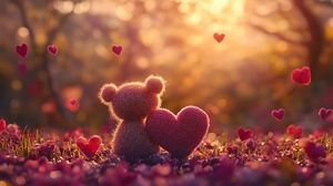 Bears embrace with heart decoration in a romantic sunset setting outside