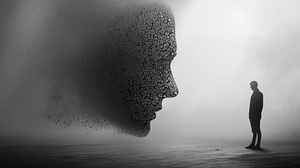 Contemplation of self in a surreal landscape with an abstract face emerging from shadows