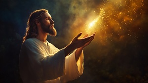 Light emanating from hands of Jesus Christ in a flowing robe surrounded by a mystical glow