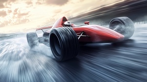 Fast red racing car zooming on a wet track during a dramatic cloudy sunset