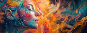 Colorful portrait of a woman with vibrant paint blending into flames and smoke in an abstract artistic representation