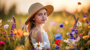 Young Girl Wearing Hat in Field of Flowers