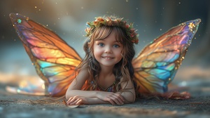 A young and beautiful 10 year old fairy Beautiful wings Beautiful rainbow fairy dress smiling Expressive eyes long brown hair Relaxing on the ground