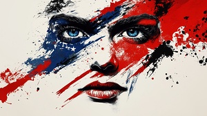 Artistic representation of a womans face adorned with vibrant red white and blue paint emphasizing patriotic themes. Color theme of USA flag.