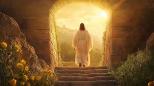Jesus Christ walks towards a golden sunrise through an archway surrounded by nature