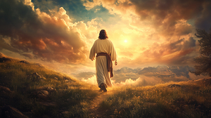 Jesus Christ walking towards a vibrant sunset in a serene landscape with mountains and clouds in the background
