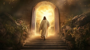 Jesus Christ walking towards a radiant light at the entrance of a grand stone archway with beautiful flowers