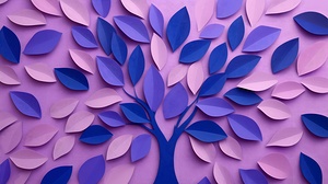 A vibrant tree design is composed of various shades of purple and pink leaves set against a matching purple background. This captivating paper artwork emphasizes creativity and artistic expression.