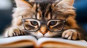A charming cat with metal glasses frames sits attentively paws resting on an open book. The warm indoor light creates a cozy atmosphere enhancing the adorable sight of this curious feline.