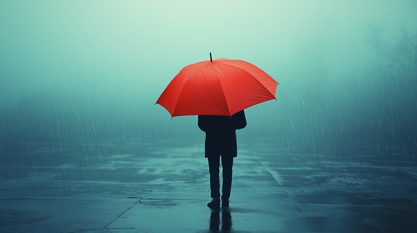 Person under a red umbrella stands alone in heavy rain on a foggy street during a gloomy day Print