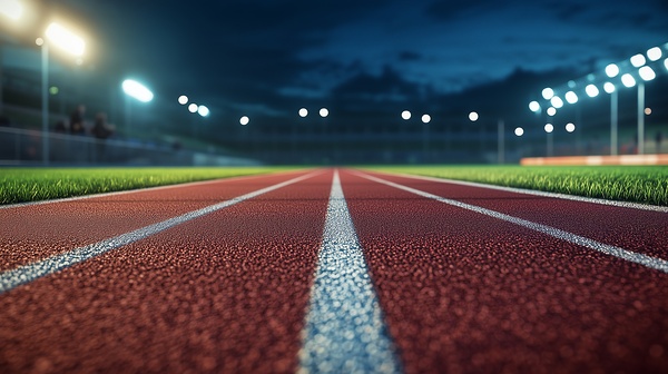 View of a well lit athletic track at night showcasing vibrant red surface and brightly illuminated surroundings Print