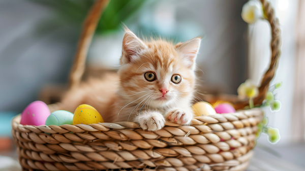 A cute kitten sits amidst Easter eggs in a basket. Print