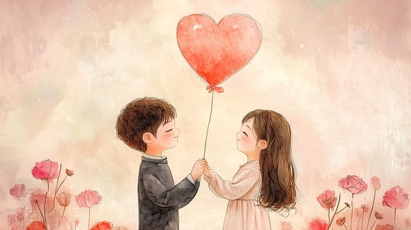 Children holding a heart balloon in a flower filled garden during a warm day Print