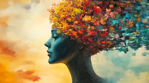 Creative expression of a woman with a floral and colorful head against a vibrant sky background during sunset Print