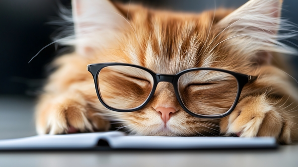 A fluffy orange cat with metal glasses frame is peacefully napping on a notebook. Its eyes are closed creating a serene atmosphere in a warm and inviting indoor space. Print