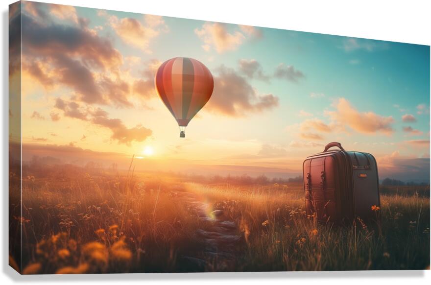 Colorful hot air balloon rises above grassy field with suitcase at sunset Canvas Print