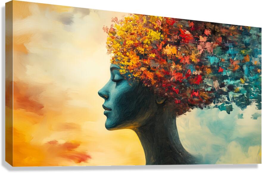 Creative expression of a woman with a floral and colorful head against a vibrant sky background during sunset Canvas Print
