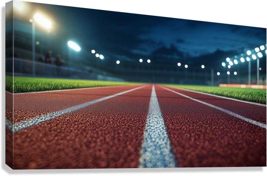 View of a well lit athletic track at night showcasing vibrant red surface and brightly illuminated surroundings Canvas Print