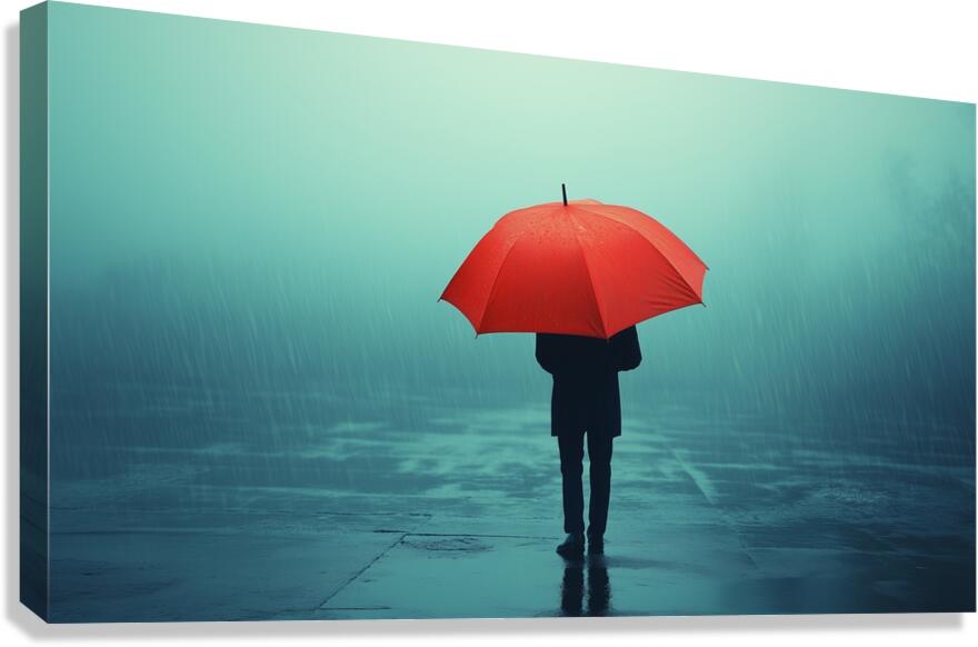 Person under a red umbrella stands alone in heavy rain on a foggy street during a gloomy day Canvas Print