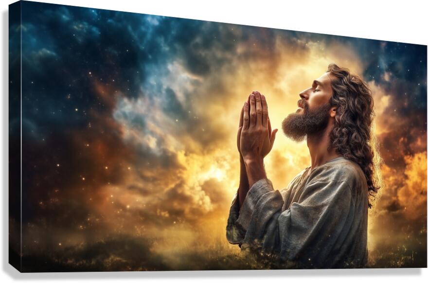 Jesus Christ in prayer with hands clasped in devotion against a dramatic sky backdrop Canvas Print