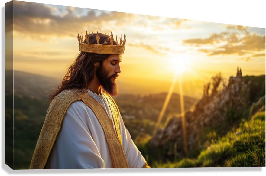 Jesus Christ in regal attire standing on a hill at sunset contemplating nature and spirituality Canvas Print
