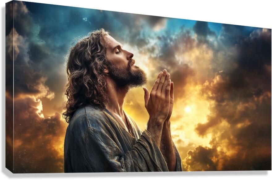 Spiritual reflection at sunset with Jesus Christ in prayer amidst dramatic clouds Canvas Print