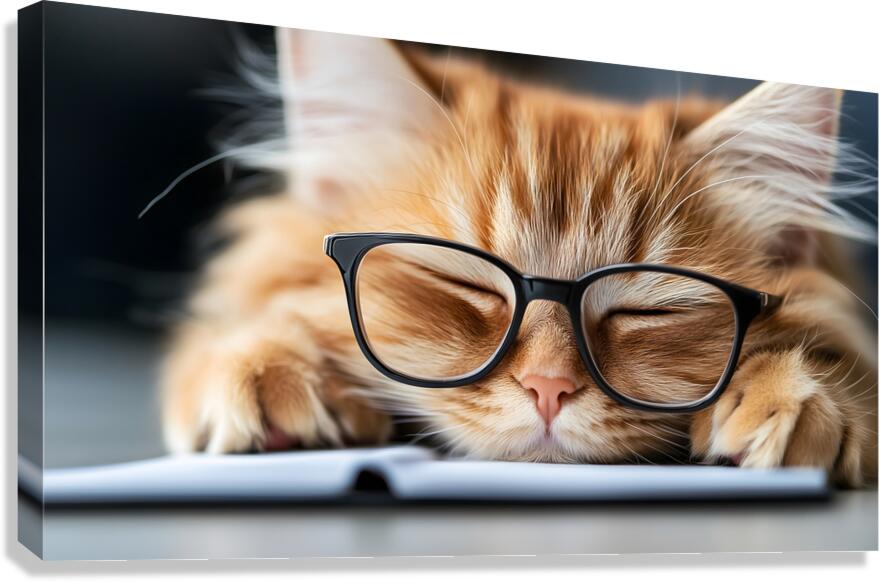 A fluffy orange cat with metal glasses frame is peacefully napping on a notebook. Its eyes are closed creating a serene atmosphere in a warm and inviting indoor space. Canvas Print