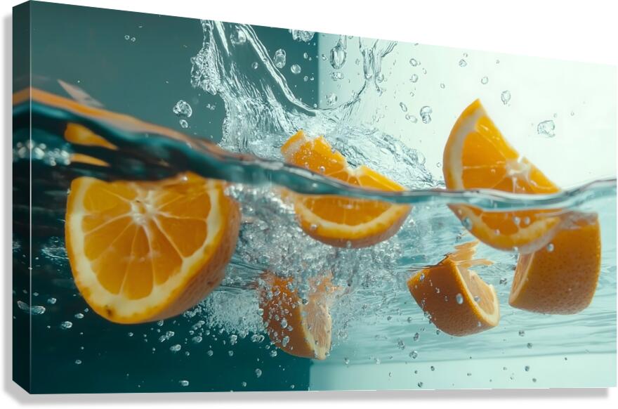 Fresh orange slices drop into clear water sending splashes and bubbles around. The vibrant fruit contrasts beautifully against the transparent liquid creating an enticing visual. Canvas Print