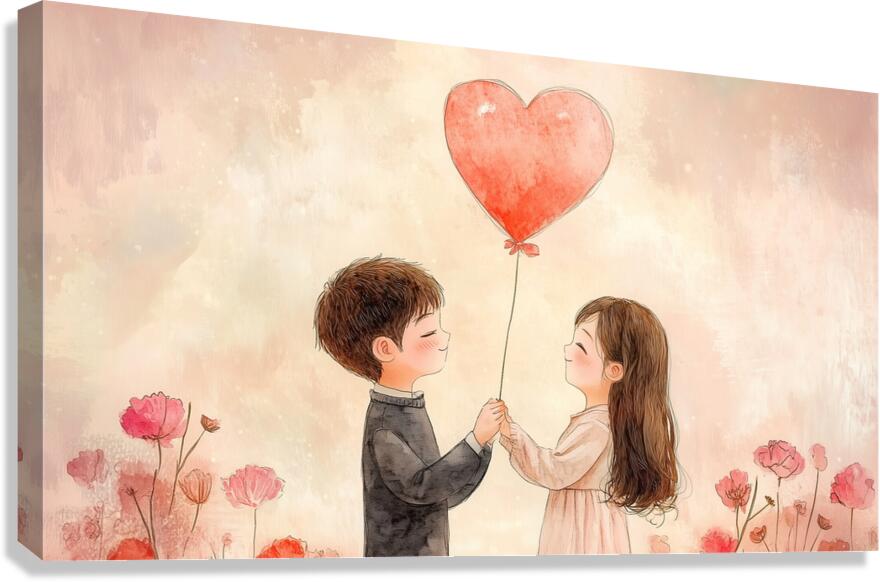 Children holding a heart balloon in a flower filled garden during a warm day Canvas Print