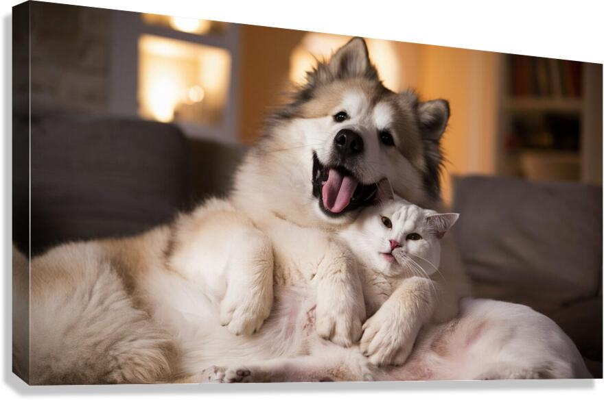 Photo of a Samoyed dog sticking out his tongue hugging a white