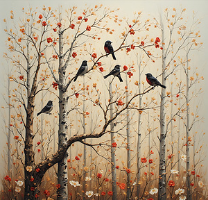 Crimson Breasts Among Birch in Fall