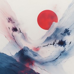 Red Moon Over Abstract Mountains
