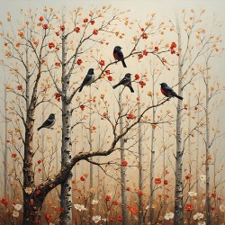 Crimson Breasts Among Birch in Fall