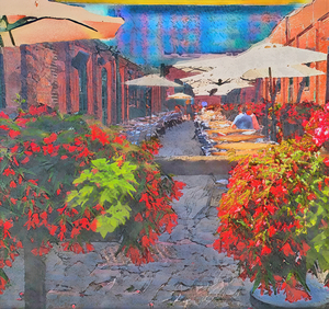 Vibrant Alleyway Cafe with Blooming Flowers