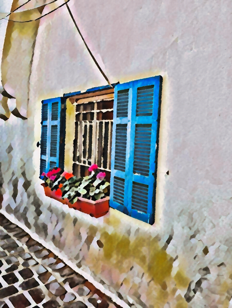 Mediterranean Serenity: Blue Window with Geraniums by Le Boulanger