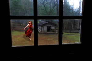 Women in red dress outside window