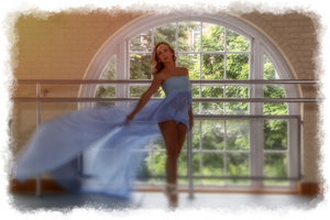 Dancer with long dress by window