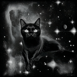 Black Cat Among the Stars in Monochrome