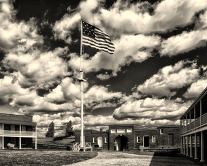 Fort McHenry Parade Ground and Storm Flag in Black and White